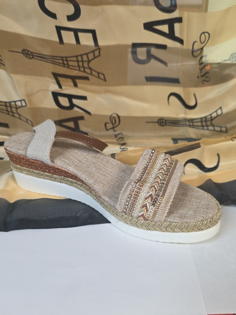 Beige Woven Slide Sandals with Embellished Straps